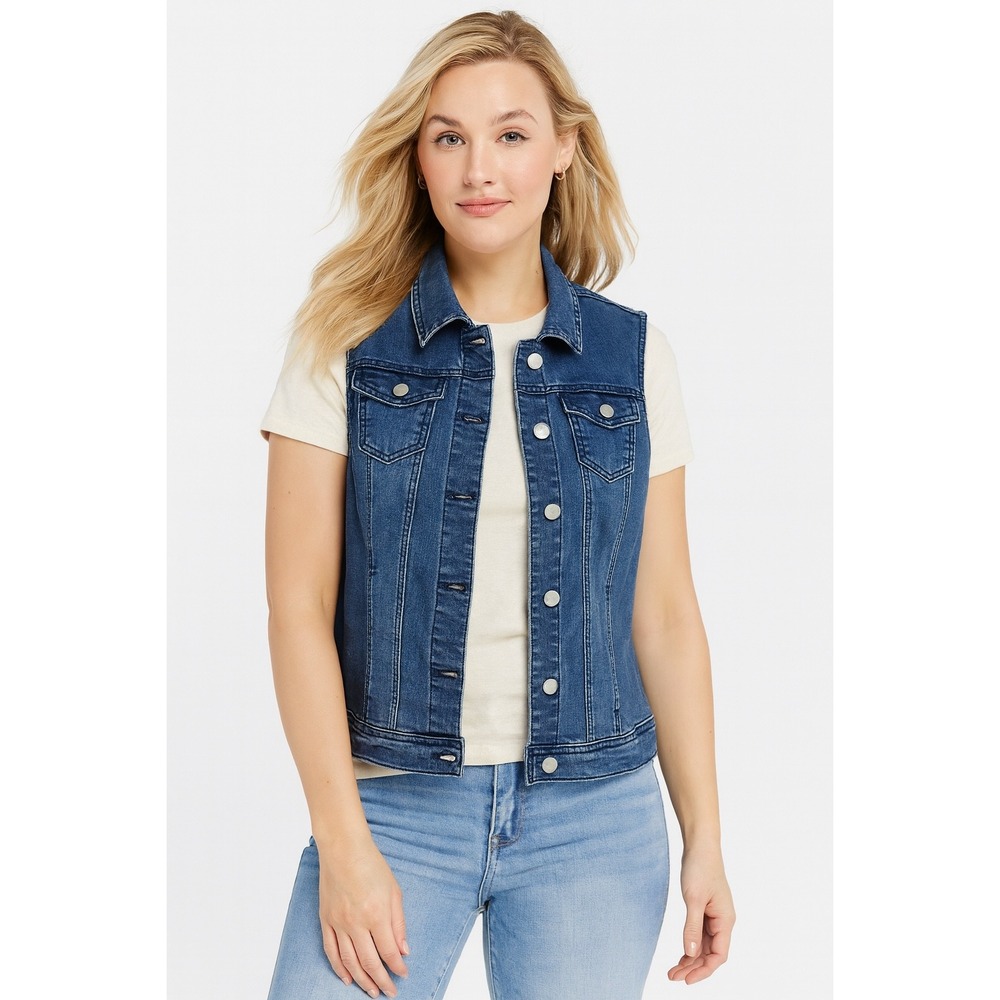 Christopher & Banks Womens Blue Crochet Back Stretch Denim Vest Size Large NWT